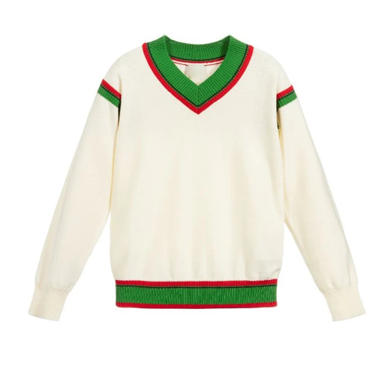 Oem Custom Sweater Varsity Contrasted Color Ivory Green Pink Striped Organic Cotton College Vintage Knitting Sweater