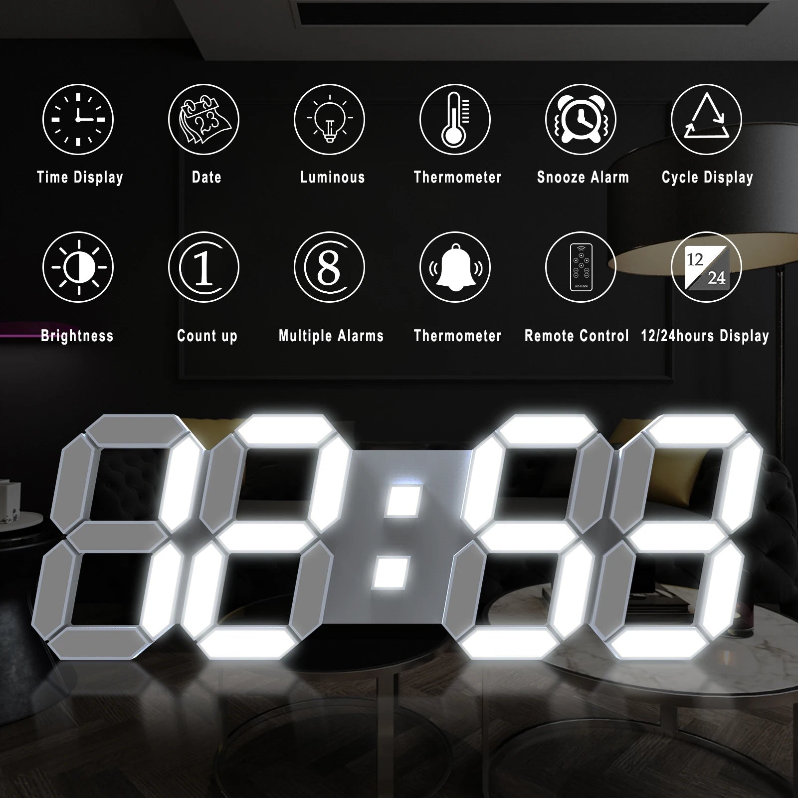 EMAF Office Decoration Table Korea Modern 15 Inch Large 3D LED Wall Clock Display Digital Remote Controller Luminous Alarm Clock