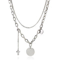 Sweet Hot Sale Fashion Double Link Chain Necklace Long 55cm Cross with Circle Laser Engrave Necklaces Jewelry for Women Party