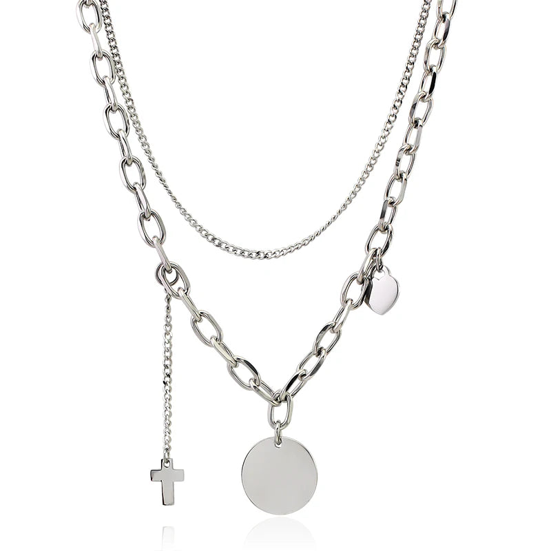 Sweet Hot Sale Fashion Double Link Chain Necklace Long 55cm Cross with Circle Laser Engrave Necklaces Jewelry for Women Party