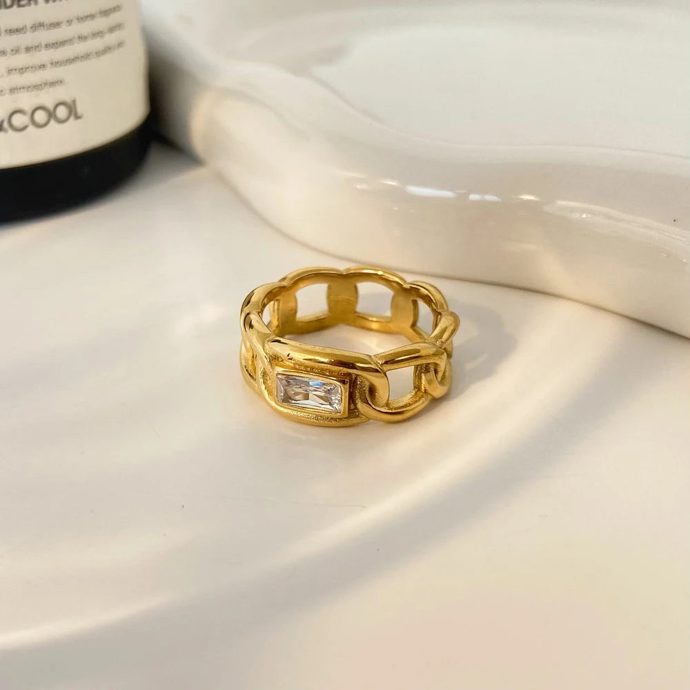 Chain Ring Joyas De Acero Inoxidable Rectangular Zircon Inlaid With Titanium Steel PVD Electroplated 18k Gold Ring