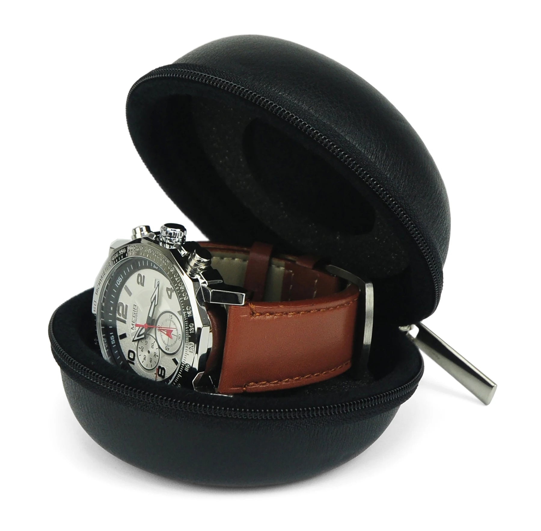Cushioned Round Real Leather Single Storage Watch Box Portable Travel Case for Wristwatches and Smart Watches