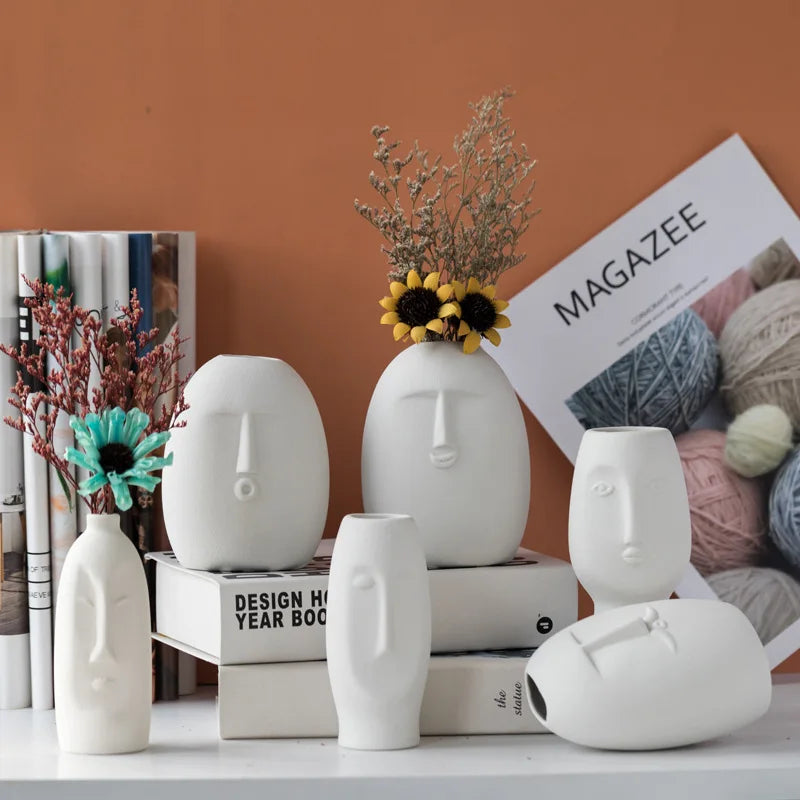 Modern Decoration European Retro Matte White Frosted Special-shaped Abstract Human Body Art Head Ceramic Vase