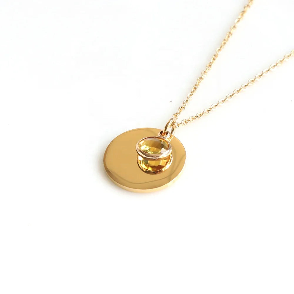 Dainty Birthstone Charms Initial Pendant Rose Gold Shiny Stainless Steel Disc Necklace Women