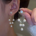 Gold Plated Pearl Dangle Earring  Women Party Jewelry Bling Shiny Crystal Rhinestone Stud Long Tassel Earrings
