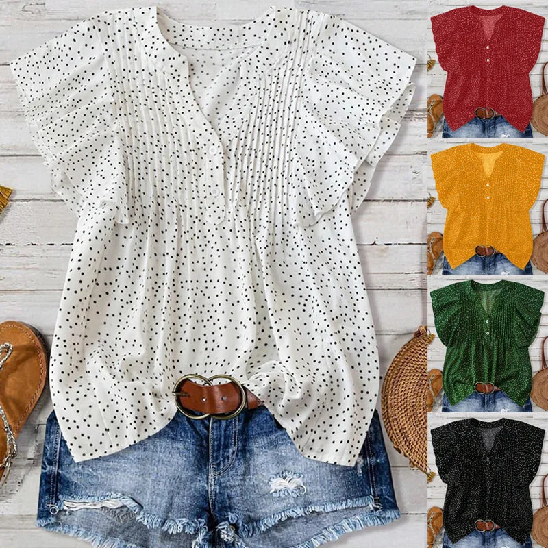 Wholesale Dropshipping Women Polka Dot Chiffon Blouse Pleated V Neck Summer Tops Casual Plus Size Short Sleeve Shirts