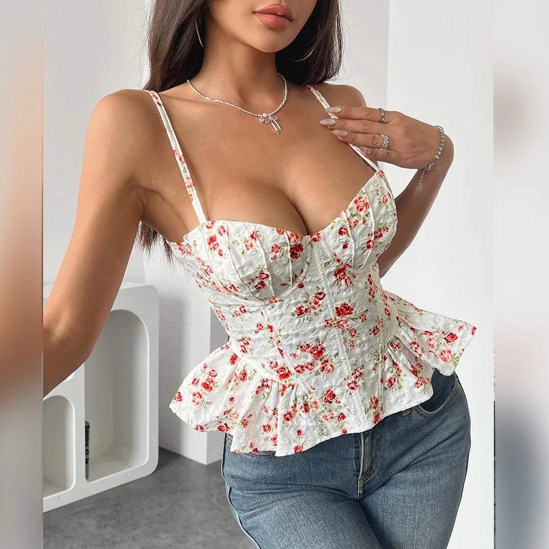 New Slim Backless Lace-Up Vest with Sexy Floral Irregular Ruffle Edge Breathable Chiffon Casual Short Length