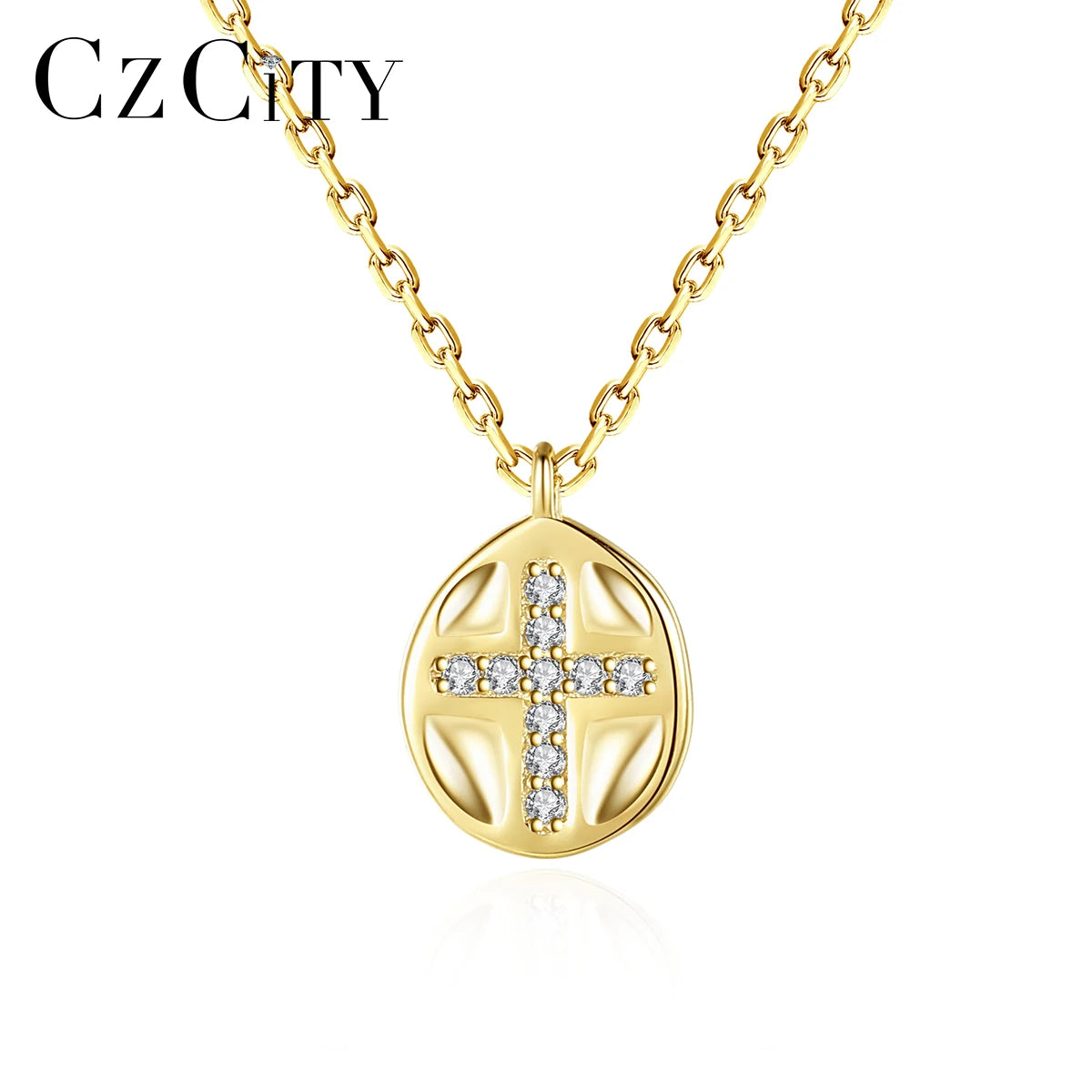 CZCITY Necklace Chain Gold 925 Sterling Silver Plated Jewelry Woman Charm Trendy Minimalist Coin Pendant