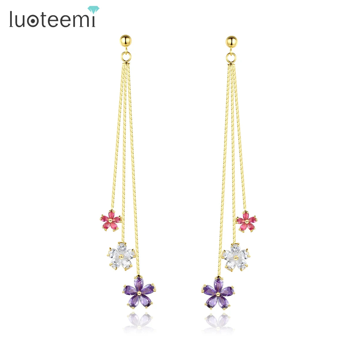 LUOTEEMI 18K Gold Filled Long Style Fancy Fringe Tassel Earrings Colorful Cubic Zirconia Flower Drop Earrings