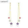 LUOTEEMI 18K Gold Filled Long Style Fancy Fringe Tassel Earrings Colorful Cubic Zirconia Flower Drop Earrings