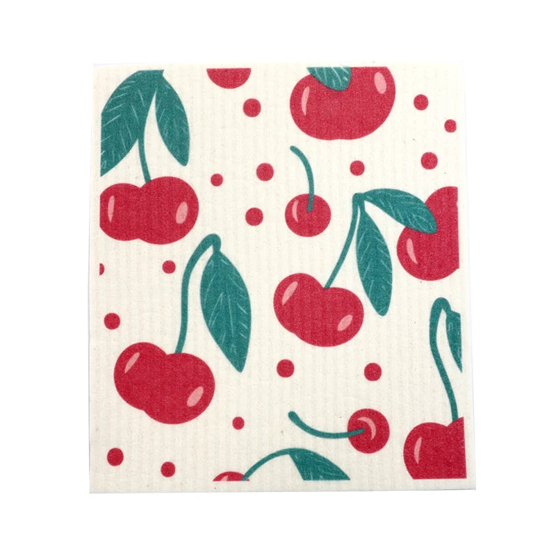 Cherry Pattern  Biodegradable Household Dishcloth Cellulose Sponge Cloths Printed Wood Pulp Swedish Dish Cloth