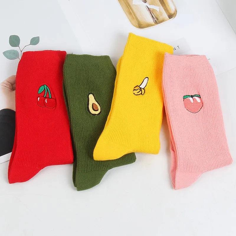 Wholesale Cute Fruit Cartoon Fashion Women's Crew Socks with Embroidery Customizable Color & Cuff Detail Fluffy Daily Use