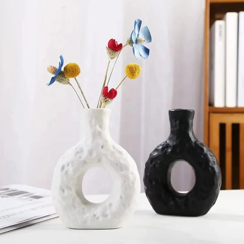 LIVEFUN Nordic Modern White Black Ceramic Tabletop Vase Matt Glaze Decorative Hollow Flower Vase for Home Decor Desktop Interior