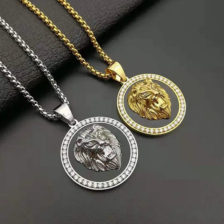 Hot Selling Crystal Lion Head Stainless Steel Lion Head 18K Gold Plated Pendant Necklaces