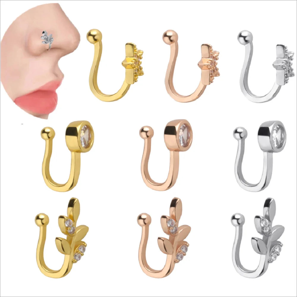 Fashion Brass Alloy with Zircon Diamond Round Leaf Pentagram Charm U Shaped Cuff Nose Ring Nose Clip on Nose Nail Jewelry