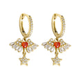 Fine Jewelry Earrings 925 Sterling Silver Red Heart Earring Angel wings Star Zircon Pendant Gold Plated Hoop Earrings Women