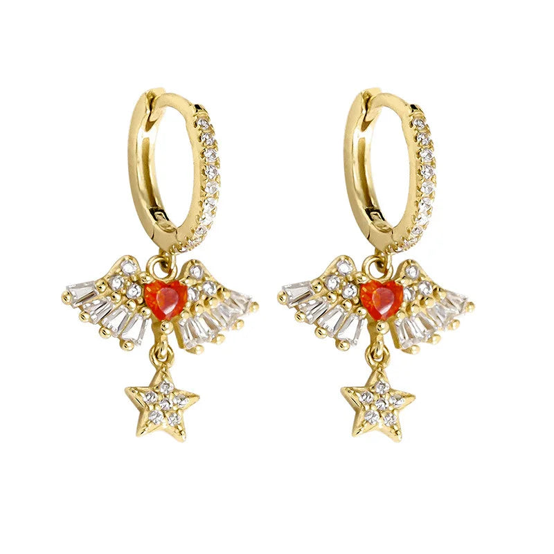Fine Jewelry Earrings 925 Sterling Silver Red Heart Earring Angel wings Star Zircon Pendant Gold Plated Hoop Earrings Women