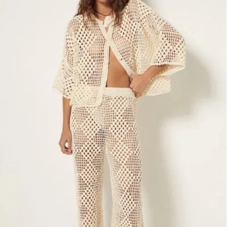 Solid Color Beach Suit Wholesale Grid Button Top Custom logo Knitted Trousers Factory Directly