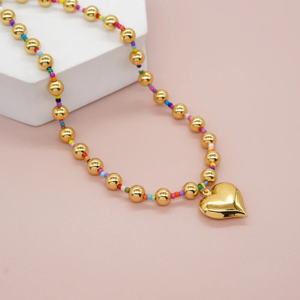 Go2boho Gold Plated Big Heart Charm Pendant Mixed Seed Bead Necklaces for Women Summer Holiday Gift Boho Fashion Jewelry