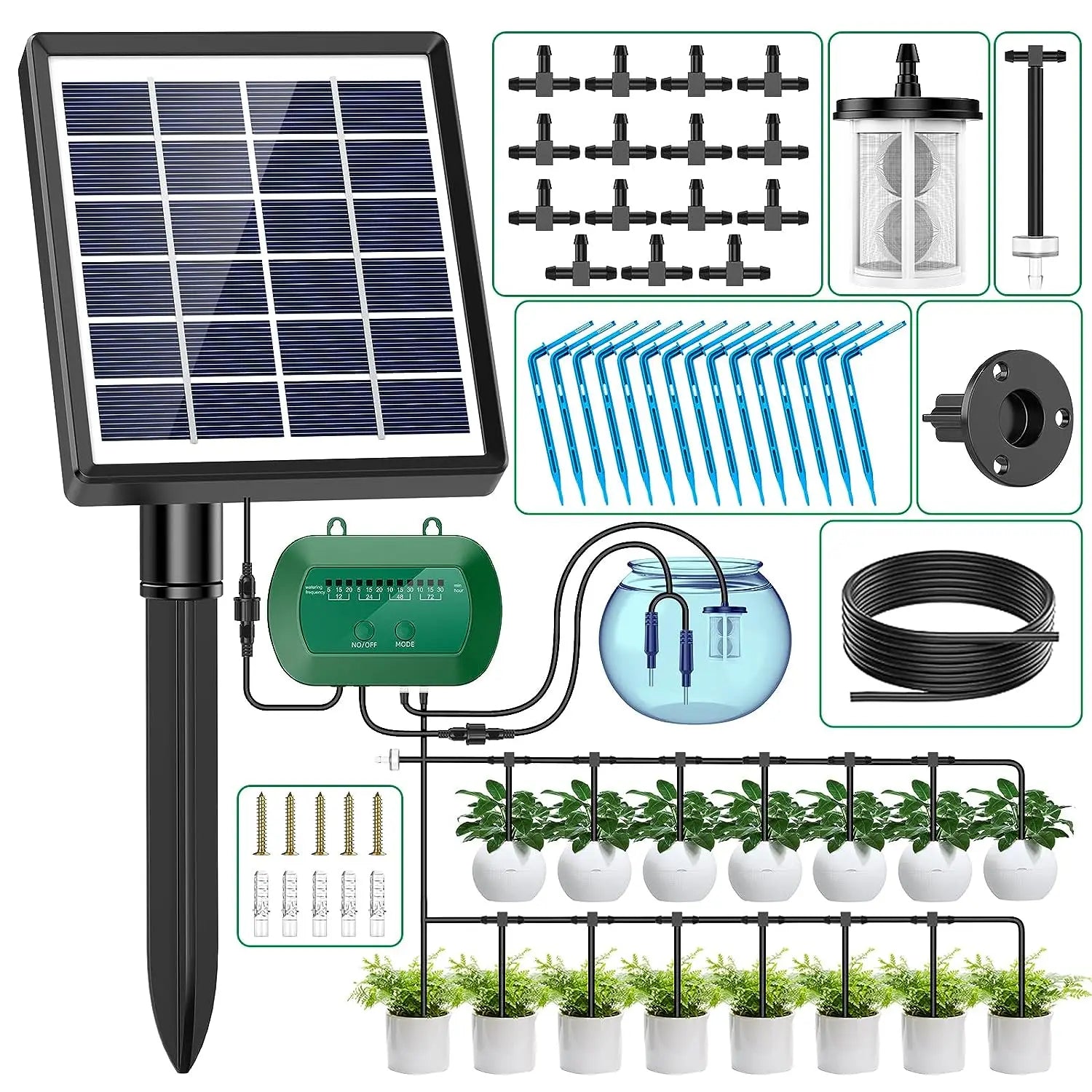 Solar Powered Auto Drip Irrigation System Garden Greenhouse Backyard Micro Drip Pumps Kit Watering Controllers Dripper Plastic