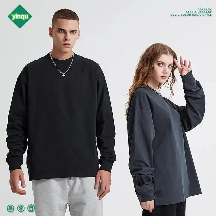 New Counter High-quality Heavy 320g Double Yarn Cotton Long-sleeved T-shirt Solid Color High Street Fashion Tee