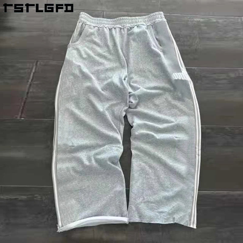Manufacturers  Custom Sewats Pants Acid Wash Vintage Flared Sweatpants Men Side Zipper Casual Stripe Flared Sweat Pants Men