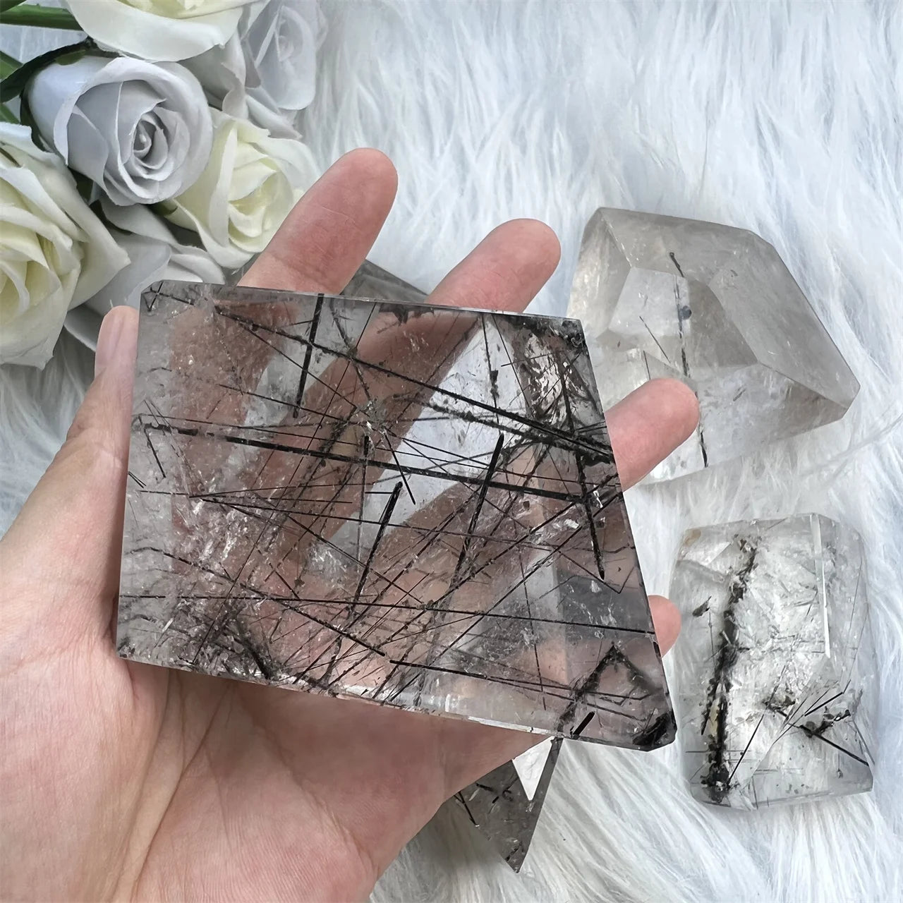 Natural High Quality Crystal Stone Healing Carved Craft Polyhedron Black Rutiled Quartz Free Form