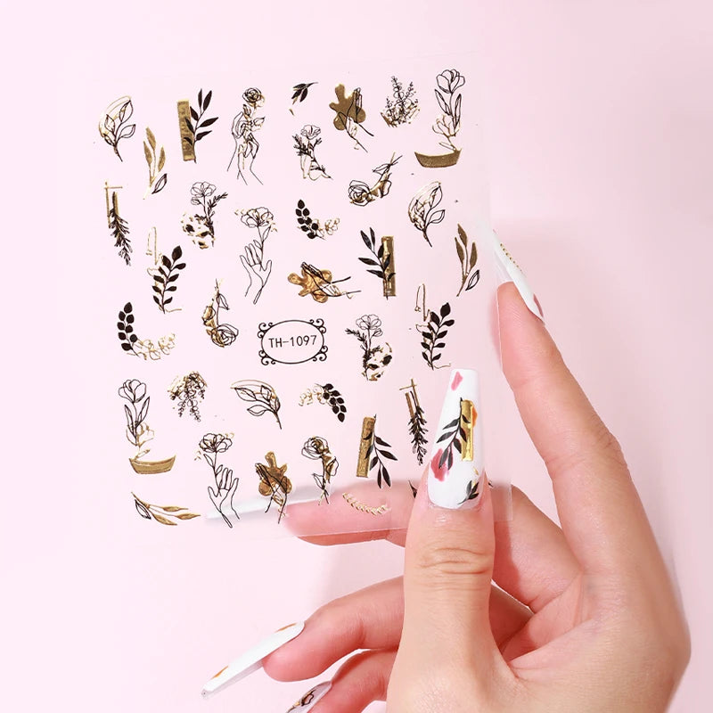 White Black Gold Stripe Line Self-Adhesive Nail Art Stickers Decals Marble Wave Nail Rhinestones Supply
