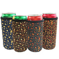 OEM Custom Design 4 Pack Leopard Insulated Neoprene Cooler Bags Reusable Slim Can Cooler Sleeve & Skinny Can Beer Sleeves