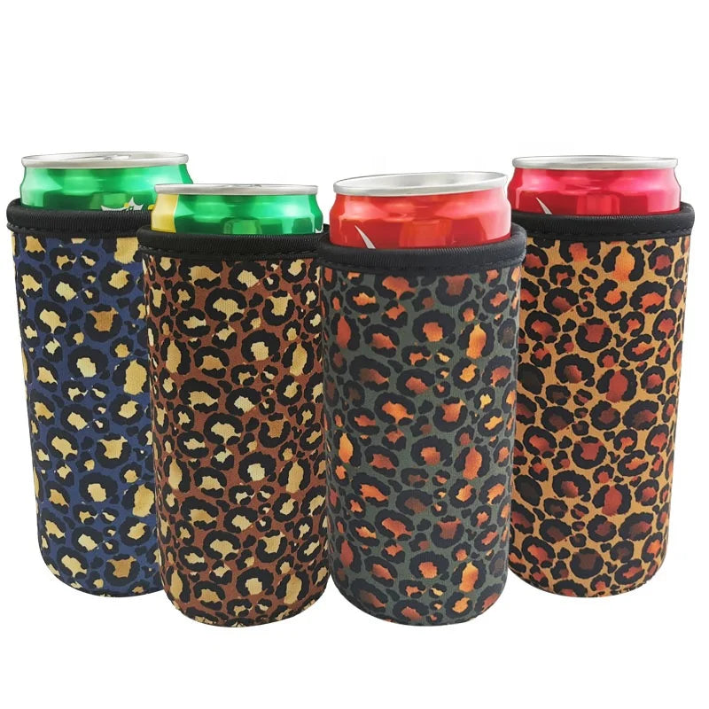 OEM Custom Design 4 Pack Leopard Insulated Neoprene Cooler Bags Reusable Slim Can Cooler Sleeve & Skinny Can Beer Sleeves