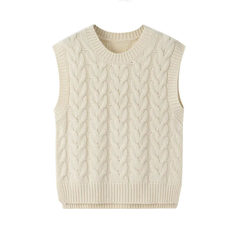 Oem/Odm Custom Cashmere Sweater Vest Winter Ladies Crew Neck Irregular Bottom Cable Knit Sleeveless Vest Sweater Women