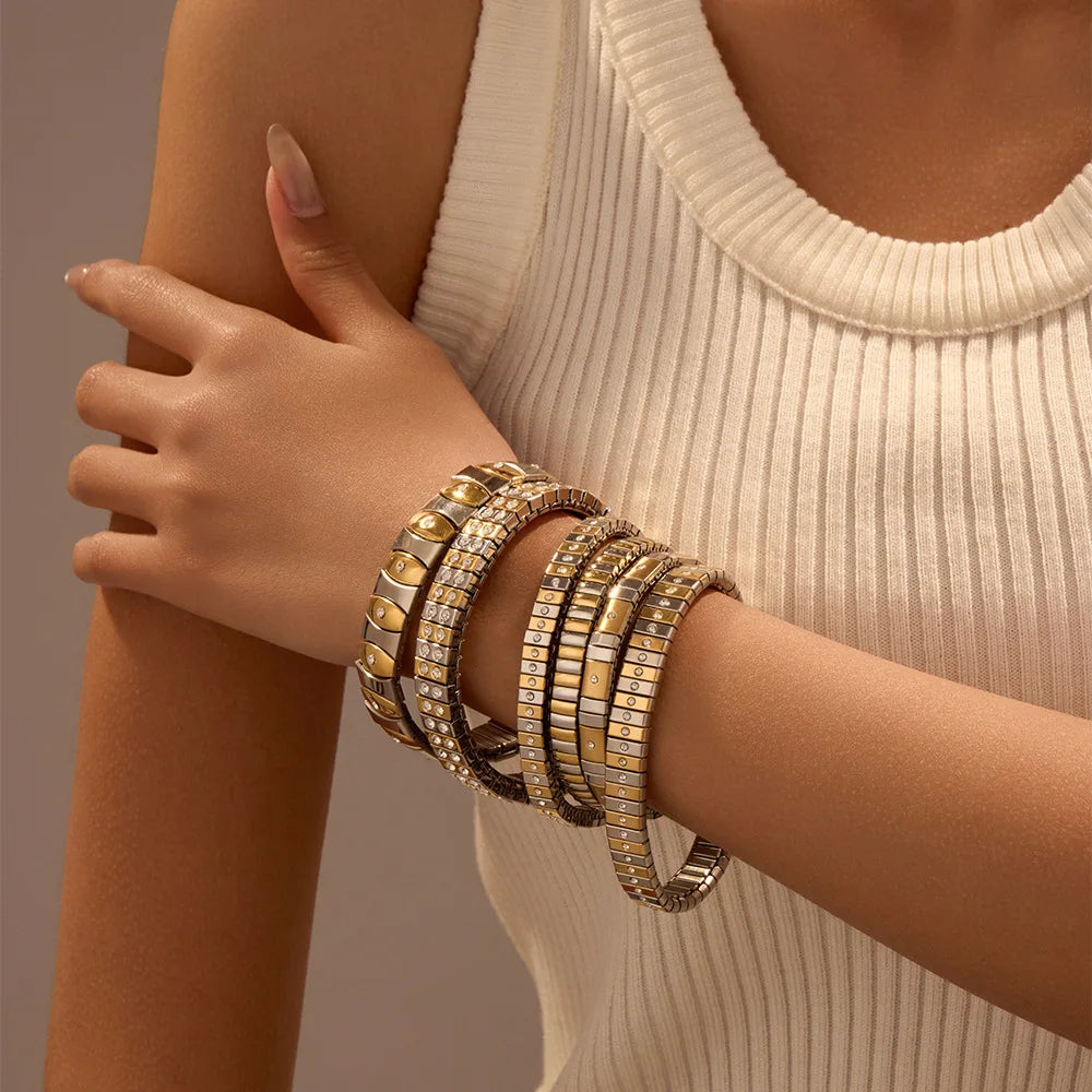 Trendy 18K PVD Gold Plated Double Color Geometric Zircon Stainless Steel Bracelet Bangle Jewelry Set