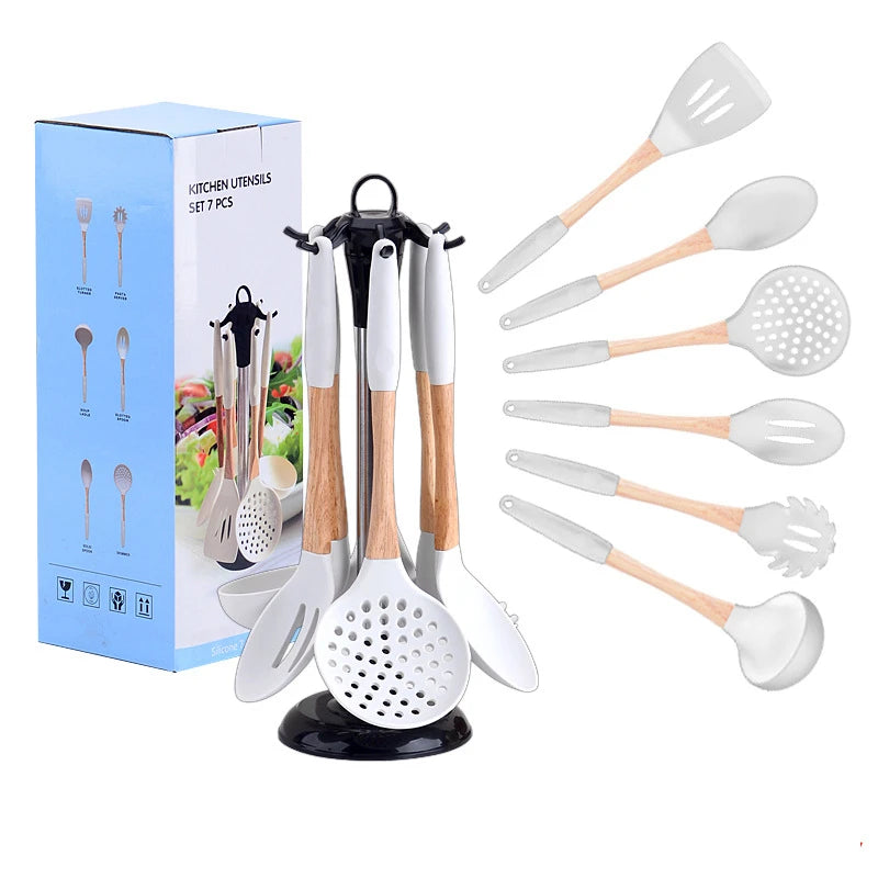Kitchenware Set Cooking Utensil Set Nordic Style Food Grade  Silicone Non-Stick Cookware Tools with Storage Holder Rack