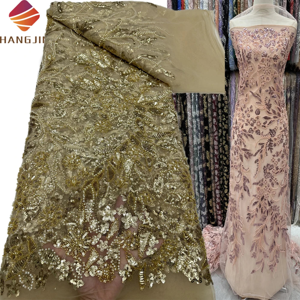 Hot Sale French Tulle Embroidered Net Fabric Luxury Handmade African Mesh Sequin Beaded Lace Fabrics for Nigeria Wedding Dress
