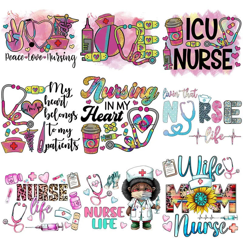 Wholesale Ready to Press Vinyl Labels Colorful Letter Nurse Iron on Decals DTF Heat Transfer Designs Patch Stickers for T Shirts