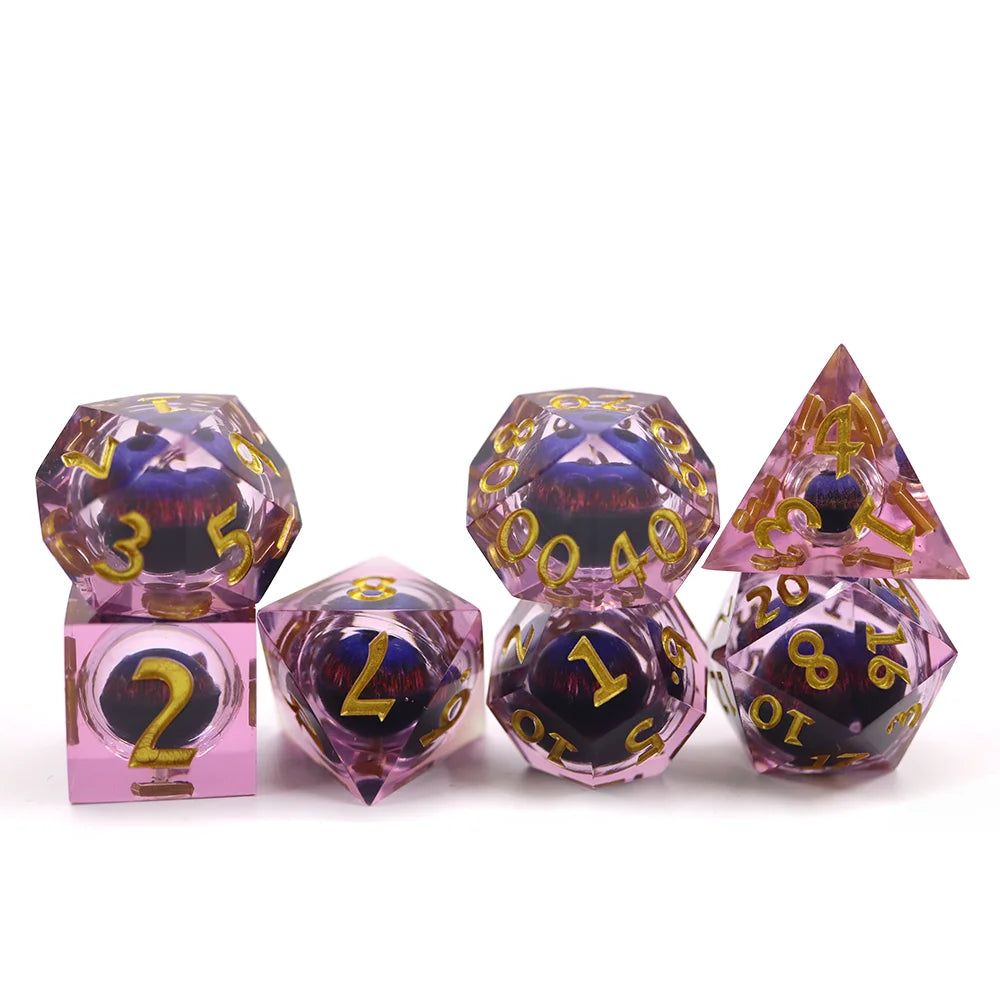 Yushun 7pcs Full Set 16mm Polyhedral Dice Sharp Edge DND Board Game Bloodshot Eye Pink Resin Including 7pcs Full Set 16mm Dice
