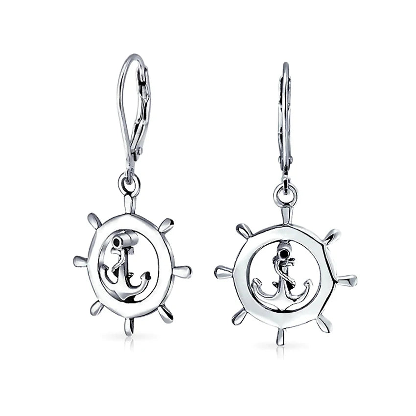 Tropical Beach Vacation Honeymoon Nautical Boat Ship Wheel Anchor Dangle Earrings Lever Back for Women Teen 925 Sterling Silver