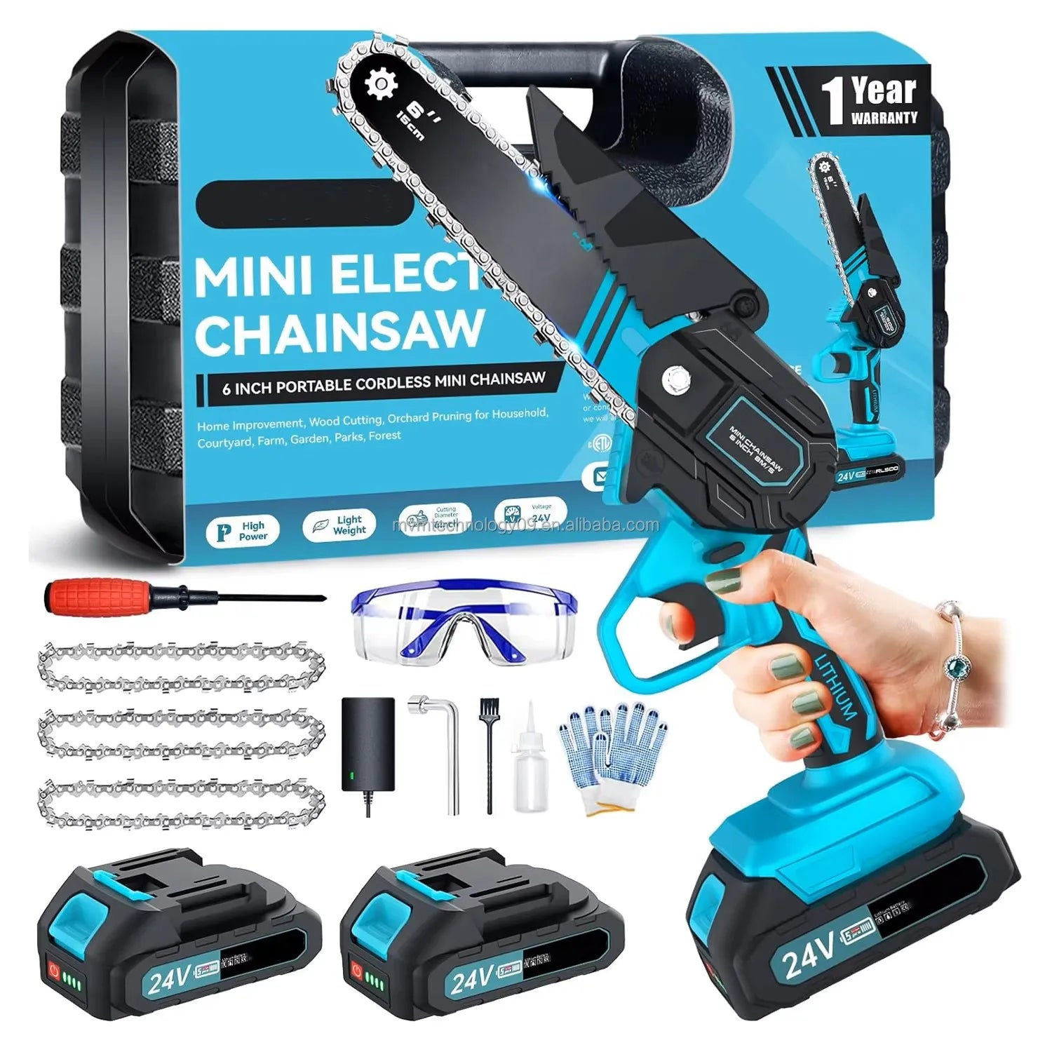 6 Inch Cordless Battery Powered Mini Chainsaw Industrial/DIY Electric Chainsaw 2 Batteries Chains Tree Trimming Wood Cutting