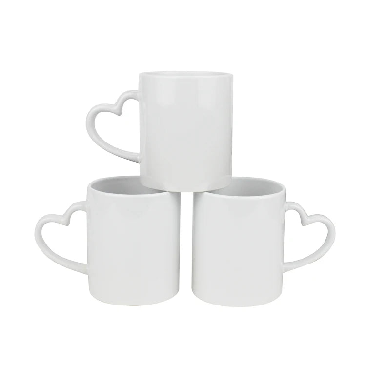 Custom White Ceramic Mugs Heart-Shape Handle 350ml Capacity Dishwasher Microwave Safe Sublimation Advertising Classic Style Home