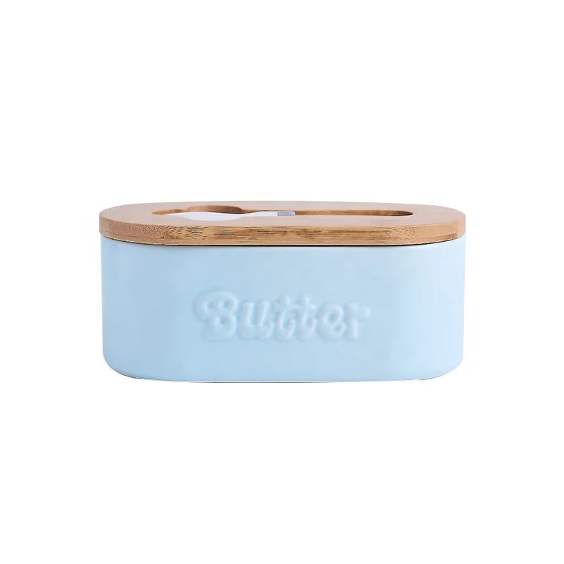 Hot Selling Ceramic Stoneware Butter Dish Container with Freshness Preservation Modern Design Bamboo Lid and Butter Knife