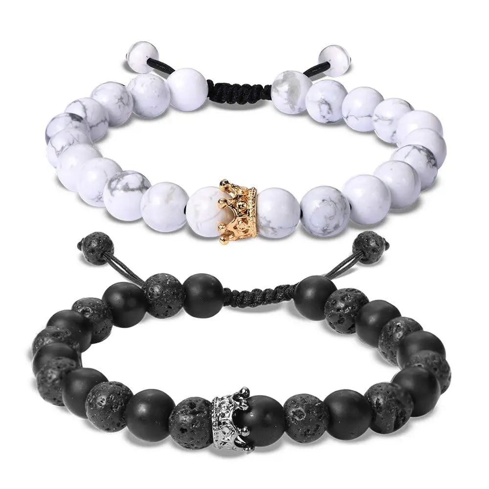 2PCS Silver Crown Volcanic Stone and Black Agate Woven Friendship Bracelet 8mm Apart Gold Crown Howlite Beads Bracelet