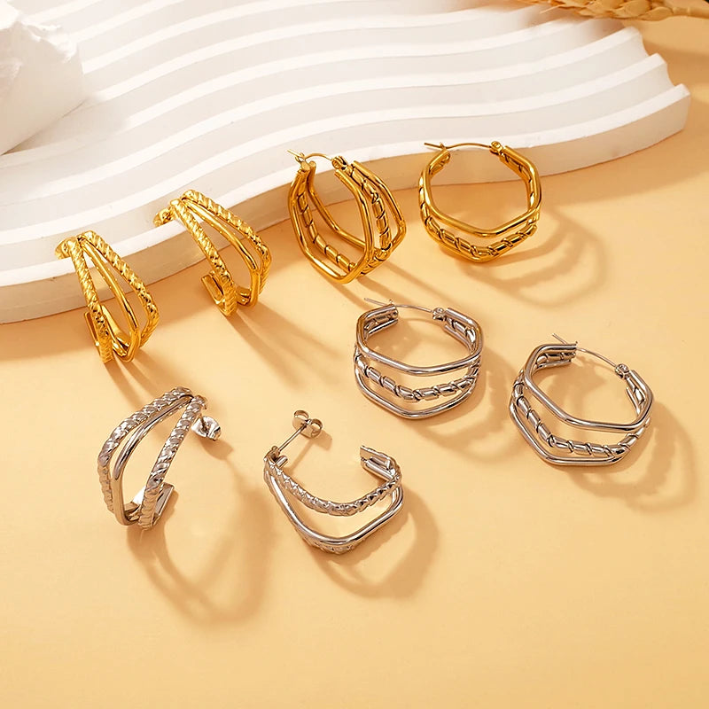 Wholesale Fashionable Classic Stainless Steel PVD Gold Plated Jewellery Triple Hoop Earrings Bijoux En Acier Inoxydable Femme
