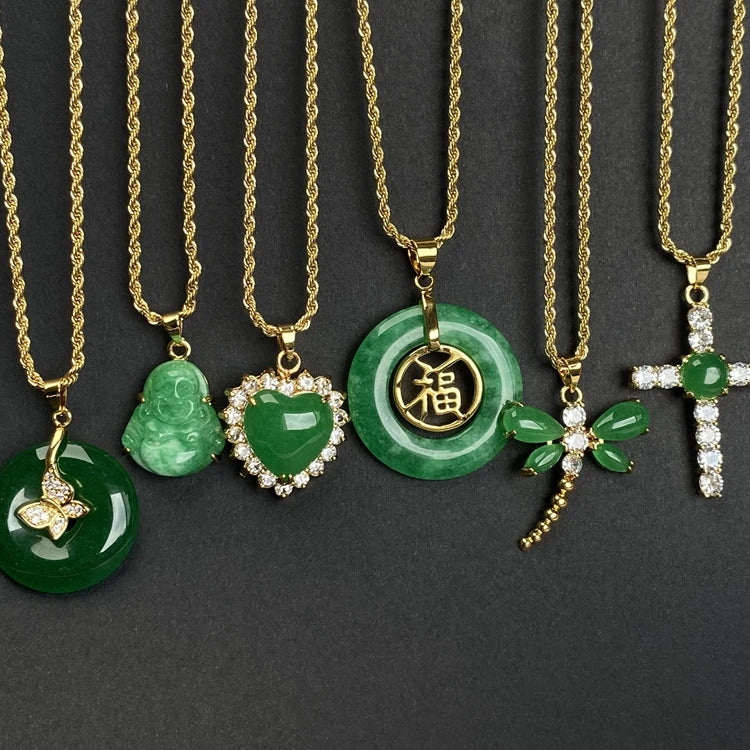 Fashion Jewelry Fengshui Fine Natural Green Laughing Buddha Jade Stone Cross Price Pendant Stainless Steel Necklace for Women