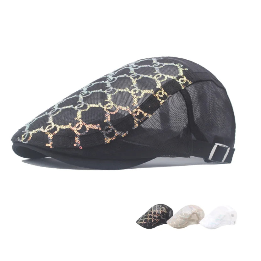 Wholesale Summer Breathable Glitter Mesh Ivy Hat Women Flat Beret Black