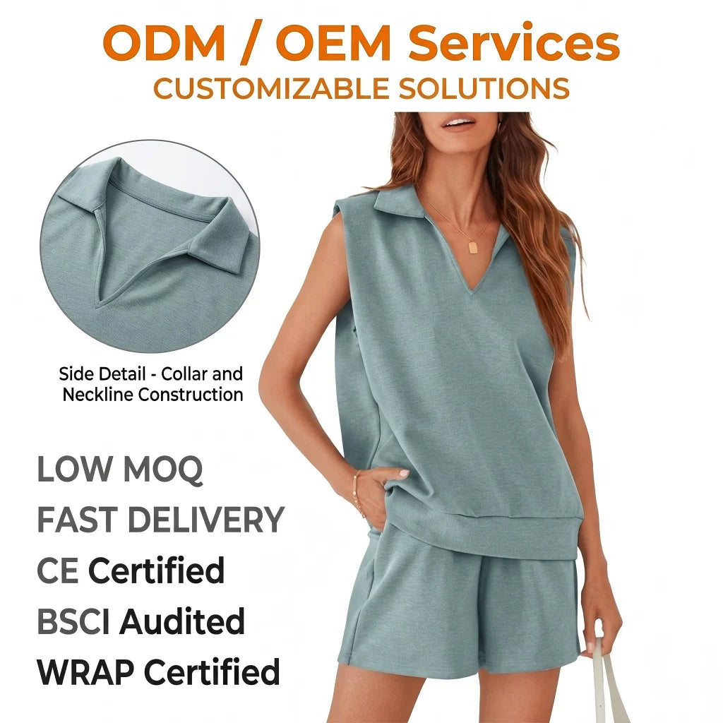 Women's Casual Summer 2-Piece Sweatshirt Shorts Suit Loose-Fitting Polyester Above Knee Sleeveless Pockets Solid  Wholesale