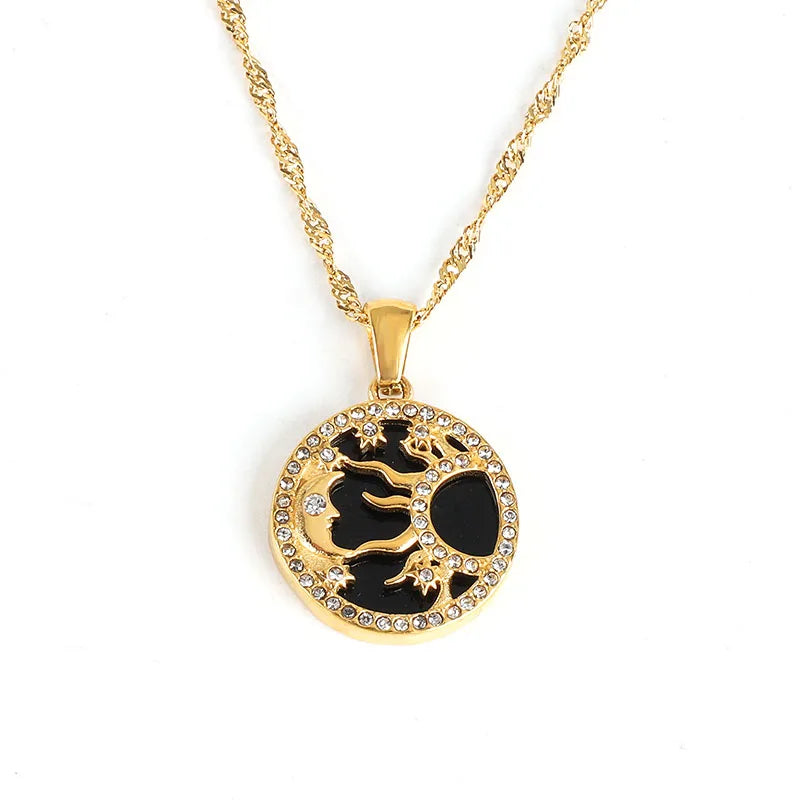 Wholesale Custom PVD 18K Gold Plated Stainless Steel Jewelry Paved CZ Moon Star Sun Pendant Necklace