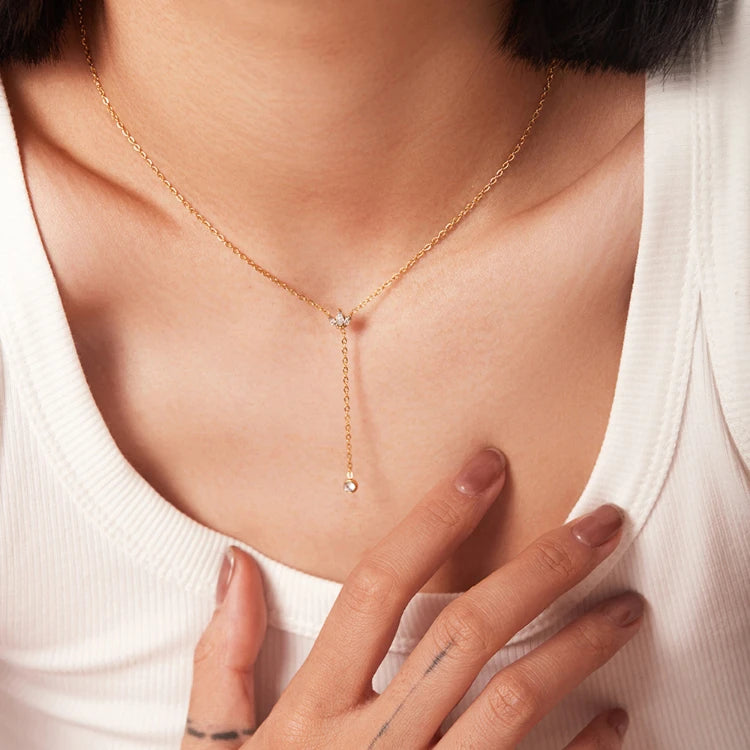 G3764 Wholesale Minimalist 18K PVD Gold Plated Zircon Y Shaped Lariat Necklace Stainless Steel Y-shaped Crown CZ Charm Necklaces