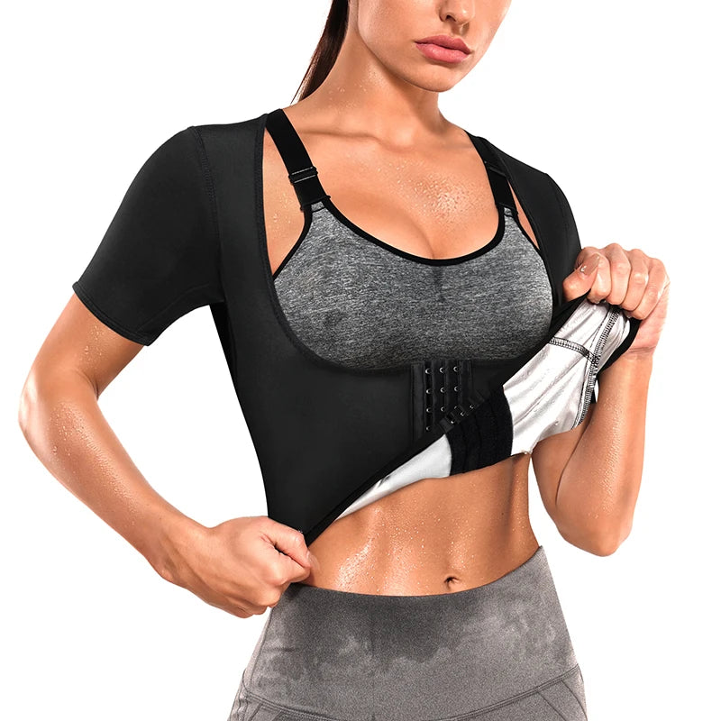 Wholesale Short Sleeves Hot Sweat Weight Loss Sauna Suits Women Gym Sauna Top Waist Trainer Vest Sauna Shirt