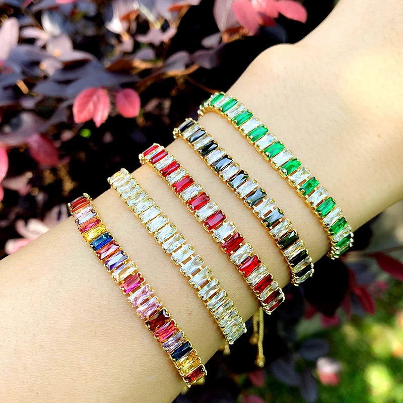 Luxury Non Tarnish 18k Real Gold Plated Adjustable Tennis Chain Colorful Rainbow Cubic Zircon Bracelet Jewelry for Woman