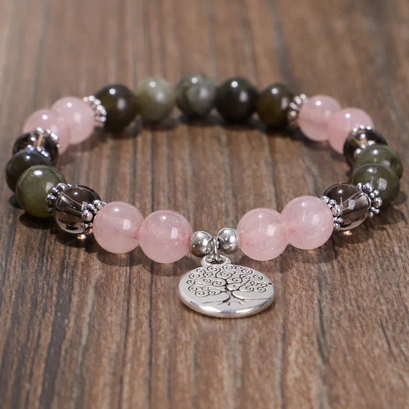 8mm Rose Quartz Stone Bracelet for Women Jewelry Yoga Meditation Relax Anxiety Tree of Life Pendant Natural Gemstone Bracelet